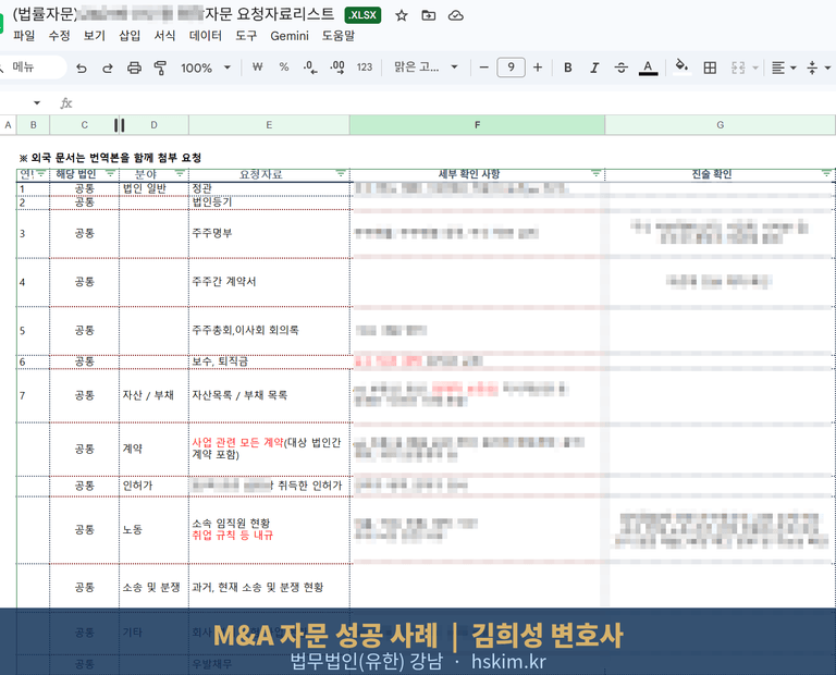 M&A 실사 자료 요청 리스트 스프레드시트